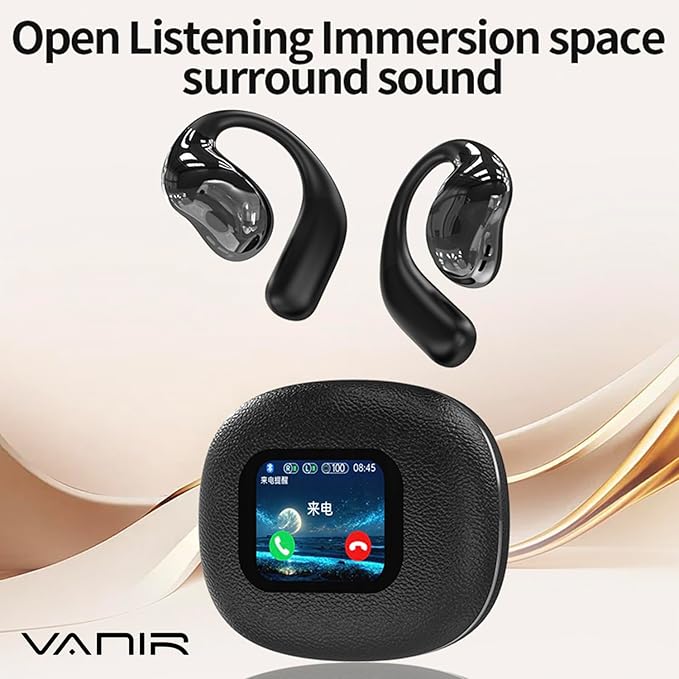 VANIR Wireless Earbuds, Open Ear Design BT 5.4 Earphones, Portable Earpiece, Support 144 Languages Real Time Translation Headphones, Full Color Display Touch Screen Gaming Headsets