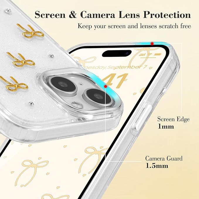 EYZUTAK Case for iPhone 14 Plus, Bling Glitter 3D Bowknot Phone Case Cute Sparkly Crystal Clear Bow Aesthetic Design Case Slim Soft Durable TPU Transparent Protective Cover for Women Girls - Gold Bow
