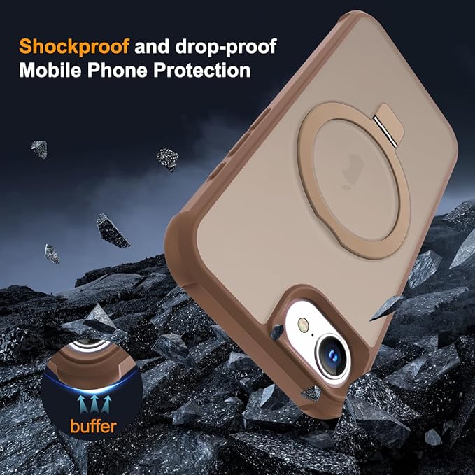 Compatible with iPhone 16E Case with Invisible Magnetic O-Ring Stand Military-Grade Translucent Case for iPhone 16E 6.1" [Compatible with Mag-Safe][Great Grip Feeling],Desert Brown