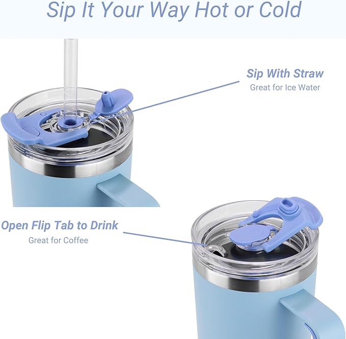 Drinco 40oz 30 oz Tumbler with Handle, Straw Lid, Insulated Stainless Steel Travel Mug Water Bottle Ice Coffee Cup For Cold and Hot, BigSur (30oz, Sky Blue)