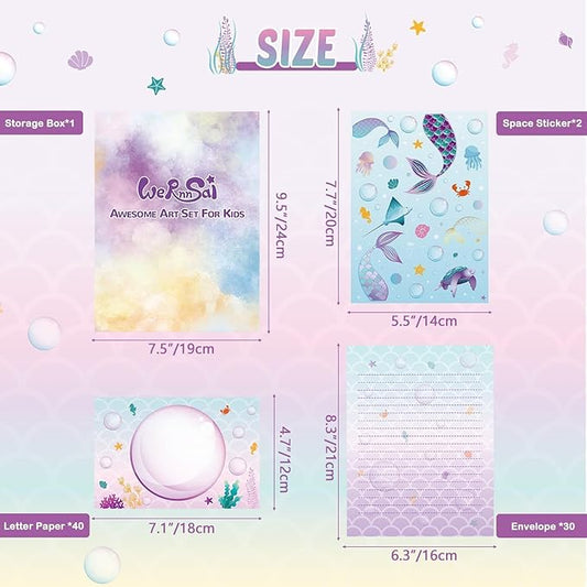 WERNNSAI Kids Stationery Set - 72PCS Girls Stationery Set Teens Mermaid Letter Writing Kit Letter Paper Set Stationery Writing Sheets with Envelopes School Mermaid Gift for Girls