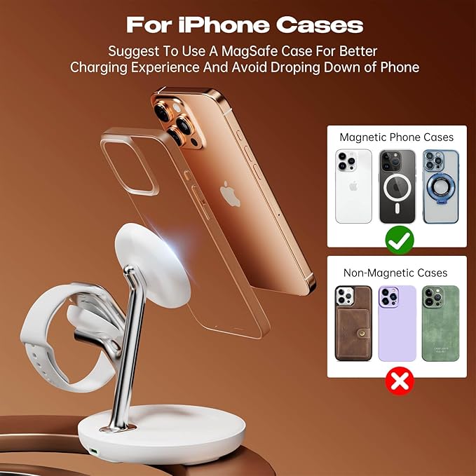 3 in 1 Wireless Charging Station for Multiple Devices Apple Magsafe Charger Stand, Fast Magnetic Mag-Safe Wireless Charger Dock for iPhone 16 15 14 13 12 Series Watch Airpods NigntStand Charging Dock