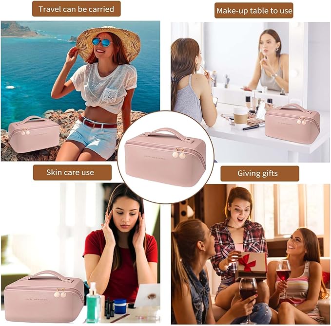 Travel Makeup Bag, Large Capacity Cosmetic Organizer Bags for Women, Waterproof PU Leather Toiletry Bags, Wide Open Flat Makeup Case with Divider and Handle