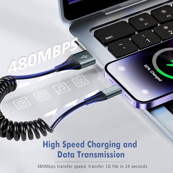 Heartbeats Coiled Lightning Cable 3FT 2 Pack MFi Certified Car iPhone Charger Cable，USB to Lightning Cable Compatible with iPhone 14/13/12/11 Pro Max/XS Max/XR/X/8/7/iPad