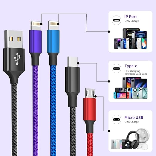 Dual IP 4 in 1 Multi Charging Cable [1Pack 5FT], Nylon 4 in 1 Charging Cable, Multi Chargers for All Devices with IP/IP/Type C/Micro Port, Compatible with Most Cell Phones/Tablets and More