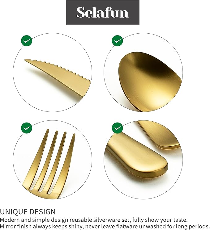 4-pieces Travel Set with Case Portable Silverware Utensils Set for work, Stainless Steel Reusable Flatware Set Cutlery Set for Camping Picnic Hiking Office (6.7inch, Matte Gold)