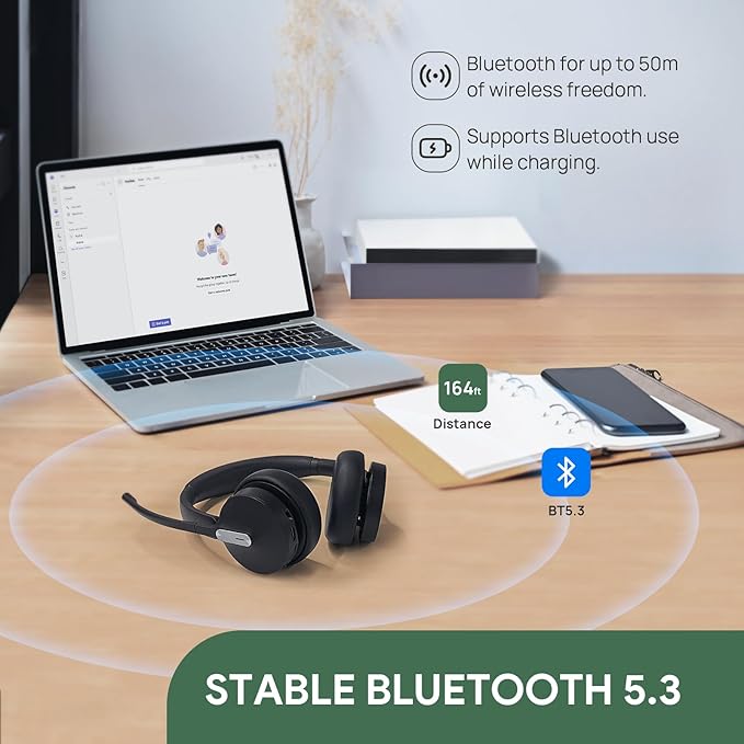 Yealink BH70 Dual (Without Dongle) Wireless Headset with Mic for Work, 164ft Bluetooth Headsets Teams UC Compatible, 35h Talk Life, 147g Lightweight Comfort, Perfect for Open Office Home Hybrid Work
