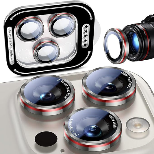 Uyiton for iPhone 17 Pro Max/17 Pro/16 Pro Max/16 Pro/15 Pro Max/15 Pro/14 Pro Max/14 Pro Camera Lens Protector - Military-Grade Tempered Glass Metal Camera Cover, Easy to Install, Gray+Red