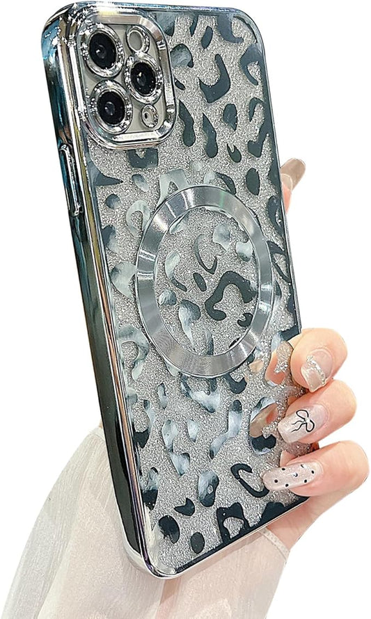 for iPhone 11 Pro Max Case Magnetic,Soft Cute Luxury Leopard Cheetah Pattern Plating Glitter Bling Phone Case Compatible with MagSafe Clear Shockproof Back Cover for Women Girl 6.5"-Silver