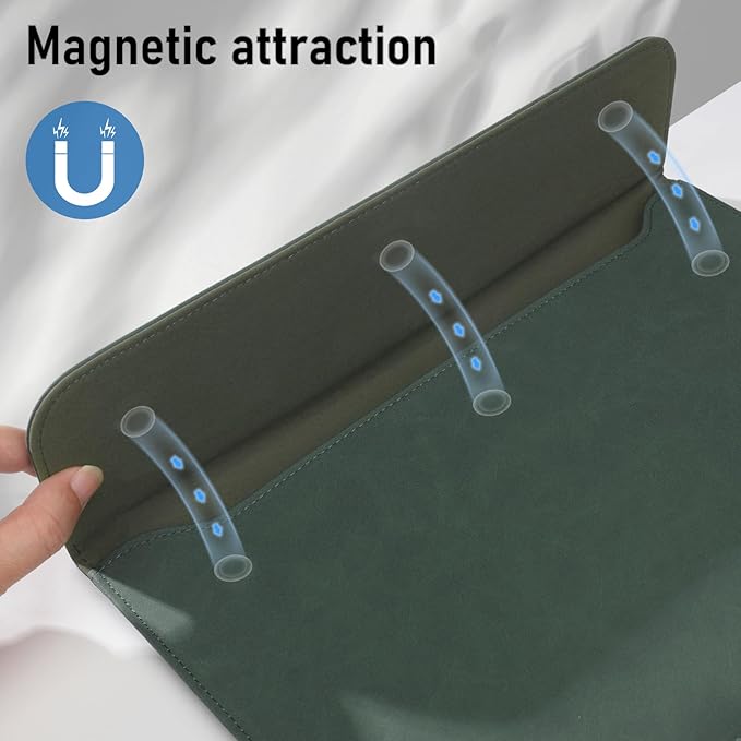 Allinside 13 Inch Laptop Sleeve Case for MacBook Air 13 2018-2025/MacBook Pro 13 2016-2022/Macbook Pro 14 2021-2024, Waterproof PU Leather Horizontal Envelope Protective Case Cover, Dark Green
