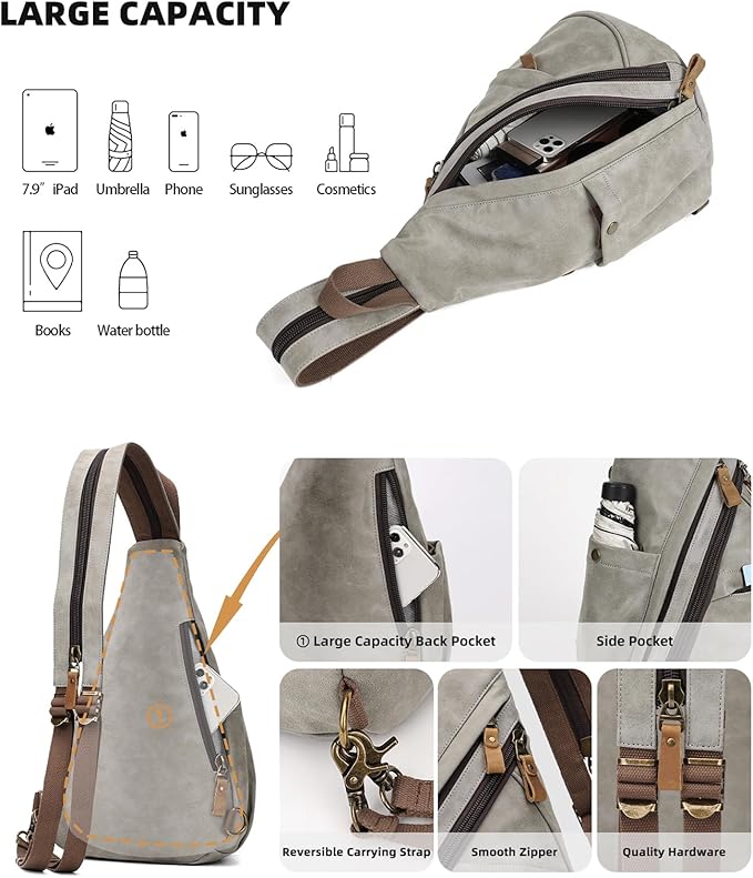 KL928 PU Leather Sling Bag - Small Crossbody Backpack Shoulder Casual Daypack Rucksack for Men Women Outdoor Cycling Hiking Travel (6881-PU-Leaden)