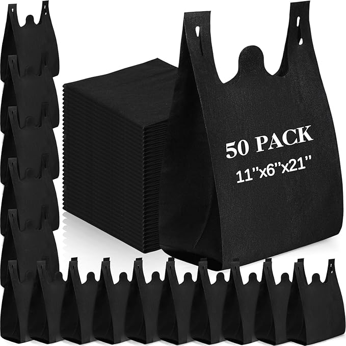 Windyun Large Grocery T-shirt Bags Bulk Reusable Non Woven Shopping Bag Foldable Gift Tote with Handle, 21x11x6 Inch