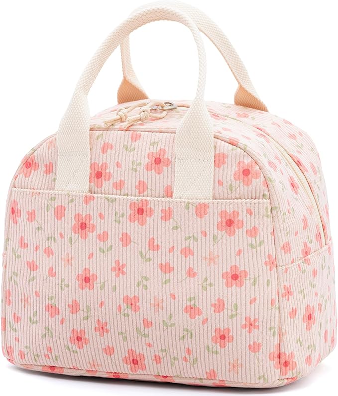 Insulated Pink Lunch Bag for Women, Stylish Corduroy Tote with Aluminum Lining, Large Capacity Reusable Cooler for Work, Travel, Beach or Picnic, Pink Floral Water-Resistant Lunch Box