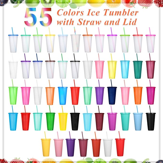 Honeydak 100 Pack Tumbler with Straw and Lid Bulk Glitter Plastic Cups Water Bottle Iced Coffee Travel Mug Reusable Party Favor Cups for Birthdays travel 24-27 oz (Mixed Color)