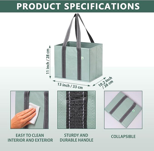 VENO 3 Pack Reusable Grocery Bags, Shopping Bags for groceries, Utility Tote with Handles and Hard Bottom, Foldable Shopping Cart Organizer, Water Resistant, Heavy-Duty (Light Green, 6 Gallon)