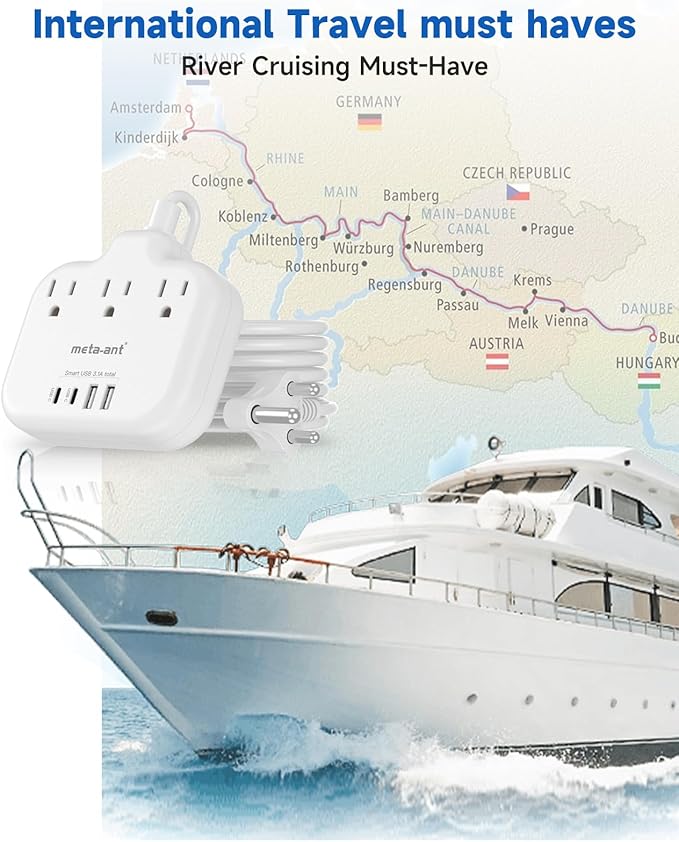 US to India Plug Adapter, meta-ant India Power Adapter with 3 American Outlets 4 USB Charger Ports(2 USB C), 5FT India Extension Cord, Type D Travel Adapter for USA to India Bangladesh Maldives Nepal