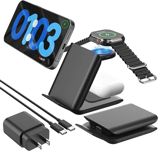 Geyo Wireless Charger Stand, 3 in 1 Foldable Fast Charging Station for Apple Multiple Devices, Compatible with iPhone 17/16/15/14/13/Pro Max/Pro/Plus/Air, for AirPods Pro 3/2/3, Watch Ultra/9/8/7