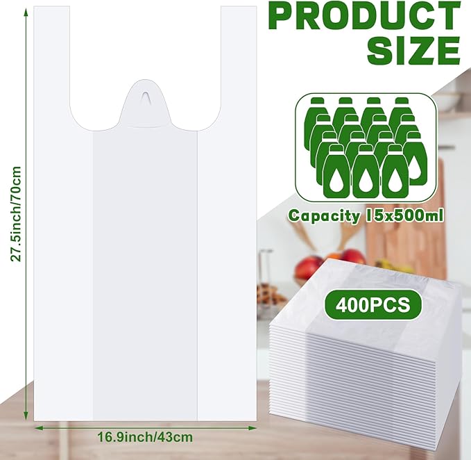 Kisston 400 Count Jumbo Size Plastic T Shirt Bags with Handles, 35 Mic, XX Large Plain Plastic T Shirt Grocery Bags, Thick and Heavy Duty (White,28" x 17")