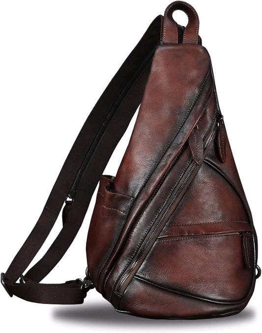 Genuine Leather Sling Bag for Men and Women - Vintage Sling Backpack Shoulder Crossbody Chest Bag for Ipad
