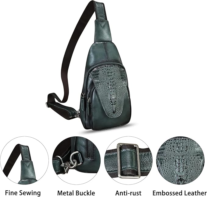 Genuine Leather Sling Bag Embossed Crocodile Pattern Leather Crossbody Sling Backpack Handmade Chest Purse Daypack (Darkgrey)