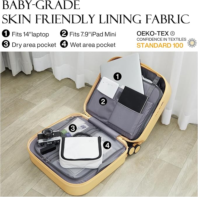 mixi Carry on Luggage, Suitcase with Spinner Wheels 16in Luggage Hardshell Lightweight Rolling Suitcases PC with Cover & TSA Lock, Lark Yellow