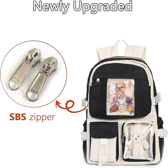 Kawaii Backpack for Teen Girls, Cute Aesthetic High Middle School College Bookbag with Accessories,Black and White