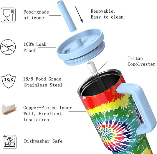 TILUCK 40 oz Tumbler with Handle, Vacuum Insulated Stainless Steel Travel Mug with 100% Leak-Proof Silicone Straw Lid, Cupholder Friendly Water Bottle(RotatingRainbow, 40oz)