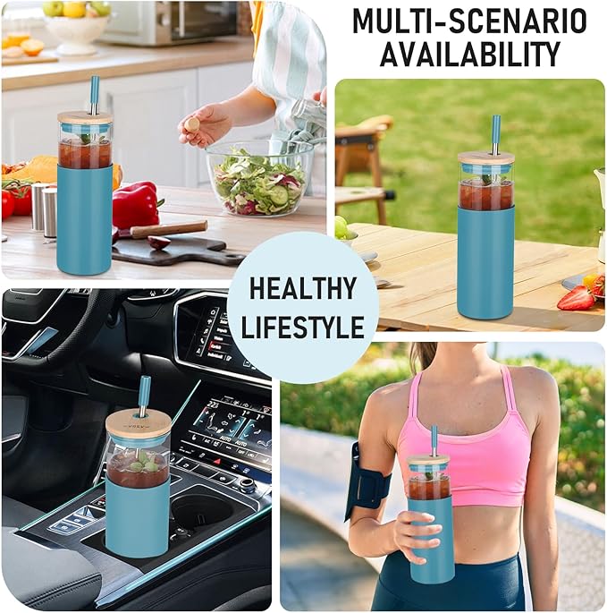 Glass Tumbler w/Lids & Straw: 24 oz Reusable Glass Cup w/Bamboo Lid, Stainless Steel Straws, BPA-Free, Leak-Proof, Dishwasher Safe for Coffee/Smoothies/Hot Beverage, Travel/Office/Home Use, 2-Pk