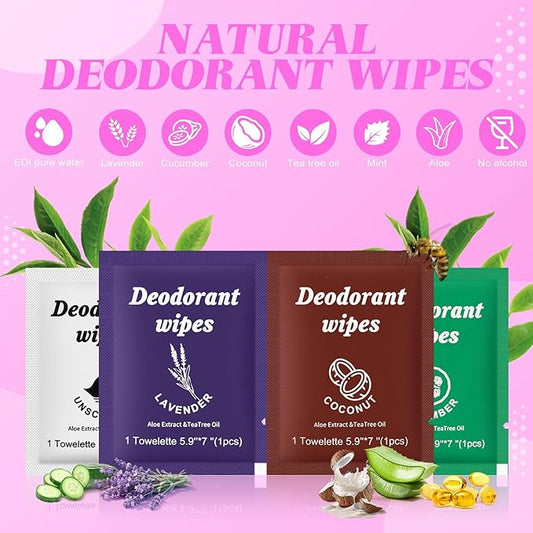 Travel Deodorant Wipes Individually Wrapped,Body Wipes to Clean Skin for Women Men（Lavender,Unscented, Coconut Cucumber,pack of 100)