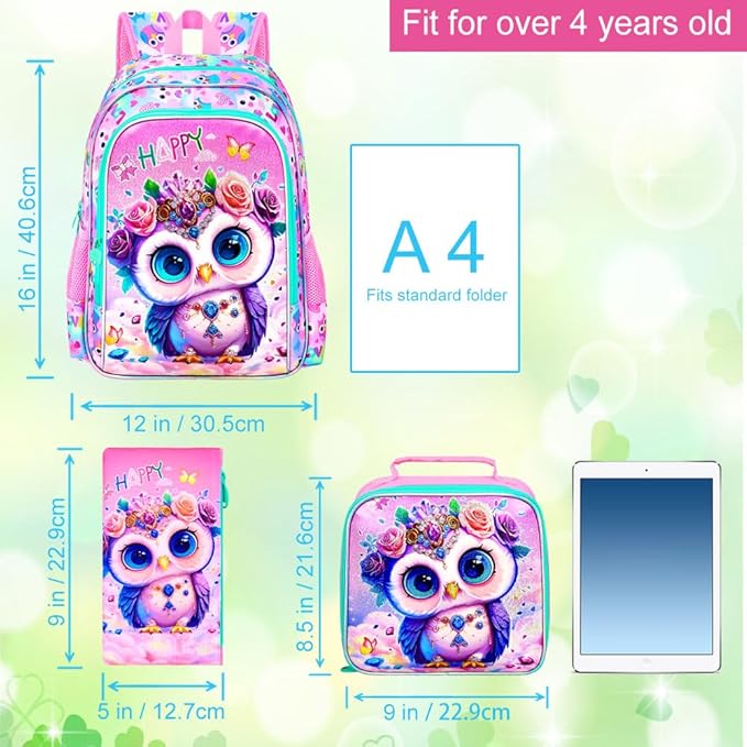 16" Backpack for Girls, 3Pcs Owl Kids Bookbag for Elementary Preschool Kindergarten, School Backpacks with Lunch Box(Pink)