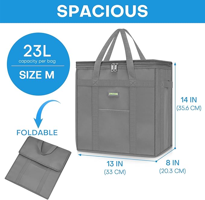 JUNGYOON 2-Pack Heavy-Duty Insulated Grocery Bags & Food Delivery Bag – Collapsible Cooler Bag with Zippered Top | Reusable Shopping Bags for Groceries, Picnics, Easy Storage(M Grey)