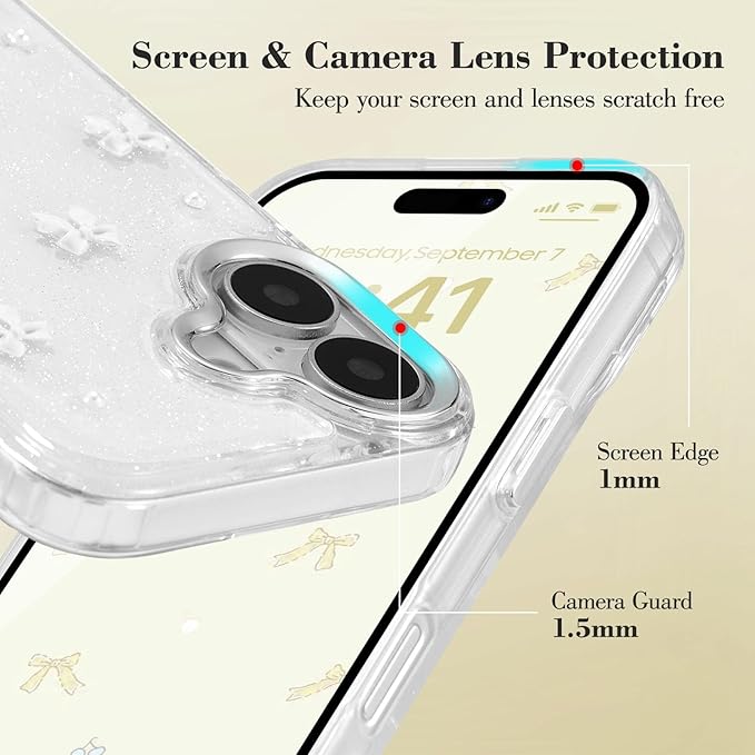 EYZUTAK Case for iPhone 16, Bling Glitter 3D Bowknot Phone Case Cute Sparkly Crystal Clear Bow Aesthetic Design Case Slim Soft Durable TPU Transparent Protective Cover for Women Girl - White Bow
