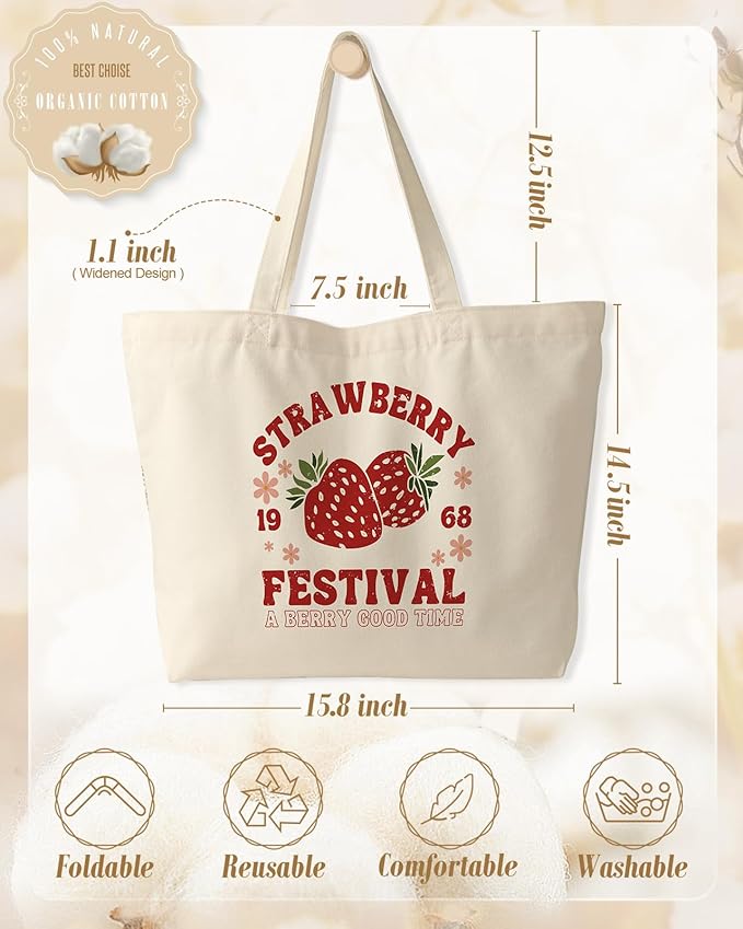 Large Tote Bag for Women - Canvas Tote Bag with Zipper Aesthetic Reusable Shoulder Bag for Gym, Travel, Work