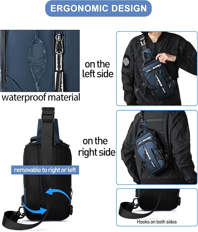 Blue Sling Crossbody Backpack Shoulder Messenger Bag for Men, Mini Anti Theft One Strap Motorcycle Backpack Sling Tactical Chest Bag for Hiking Walking Biking Travel Cycling