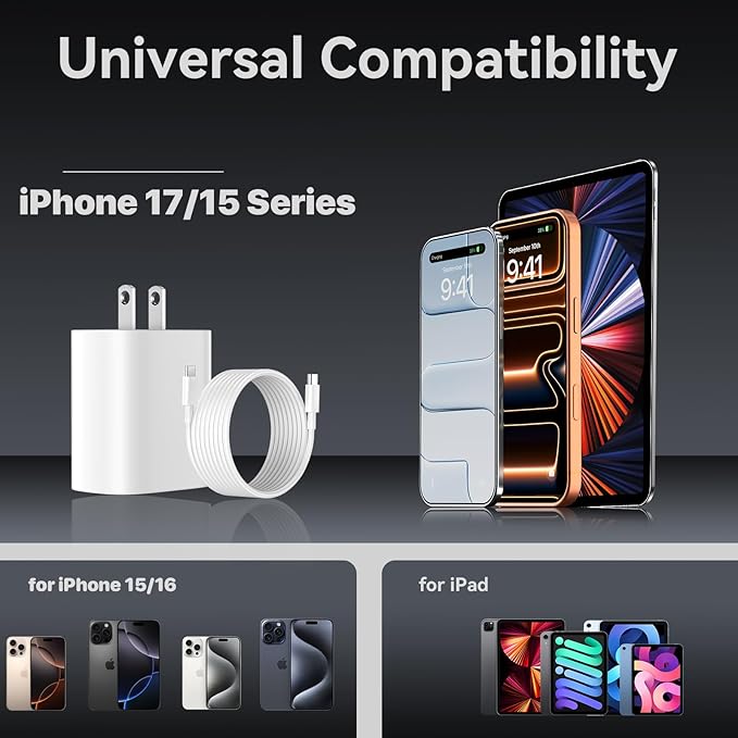 iPhone 17 16 15 Pro Max Charger Fast Charging, 10 FT iPhone 17 Charging Cord Long USB C 10FT Cable with 20W PD Fast iPhone 17 Pro Max Chargers Block for Apple iPhone 17/17 Pro Max/17 Air/16/15, iPad