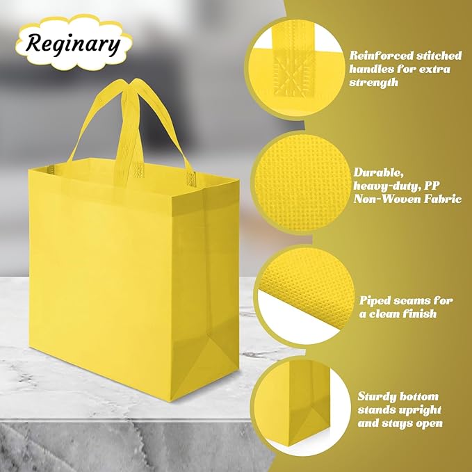 Reginary Reusable Totes Bags - 100 Pcs Non Woven Grocery Handle Bags for Shop Events & Retail Store(Yellow)