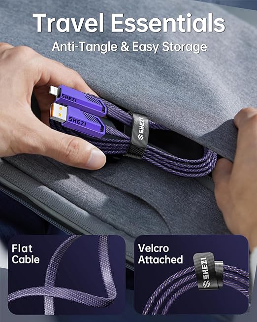 SHEZI [Upgraded 2.0 4-in-1 USB C Cable 60W 5FT Fast Charging [480Mbps Data Transfer] Flat Nylon Braided Charger Cord Combo, USB A/C to C/L Multi Charge Cable for iPhone/iPad & Most Devices, Purple