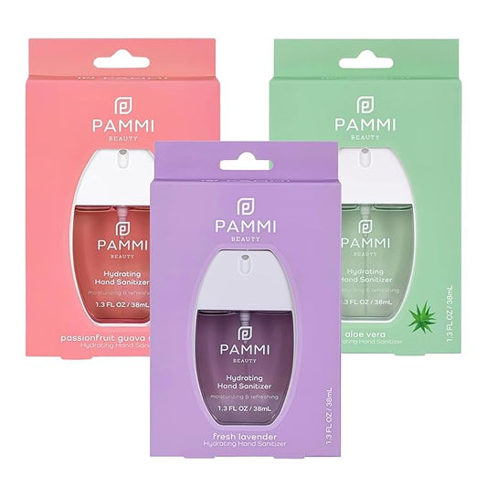 PAMMI Hand Sanitizer Spray Travel Size - Mini Scented Hand Sanitizer Spray Quicky Dry, Pocket Scented Hand Saniztier - 600-Sprays (3 Pack (Aloevera, Guava, Lavender))