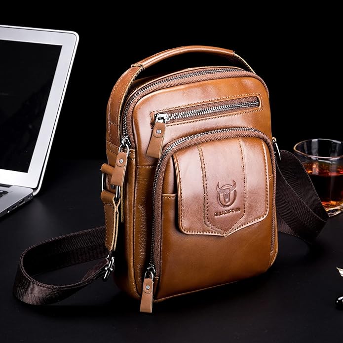 LUKZIJAES Small Genuine Leather Shoulder Bag Men Messenger Handbag Lightweight Sling Crossbody Bag