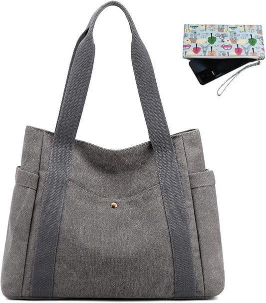 Women's Canvas Tote Handbags Multi-pocket Retro Casual Shoulder Bag Top Handle Satchel Tote Purse