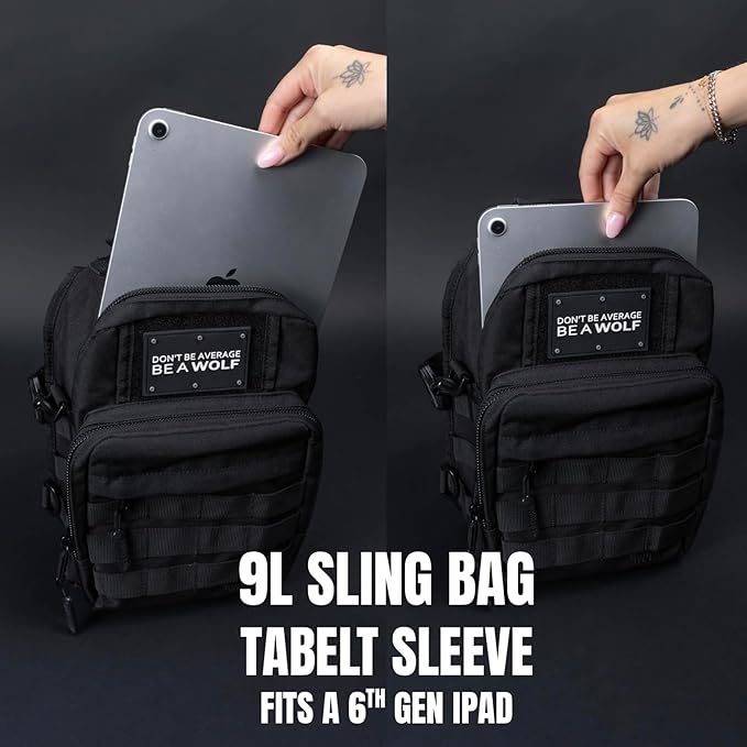 WOLFpak 9L Tactical Sling Bag Alpha Black - Compact Crossbody Backpack for Gym, Travel & EDC – Tactical Shoulder Bag with Multiple Pockets – Lightweight, Durable Sling Pack for Men & Women