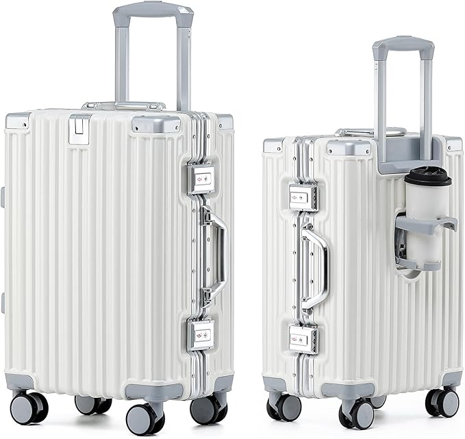 HotWay 26 Inch Aluminum Frame Luggage with Spinner Wheels, PC Hard Shell Suitcase with Cup Holder, Zipperless Luggage for Business Travel, White