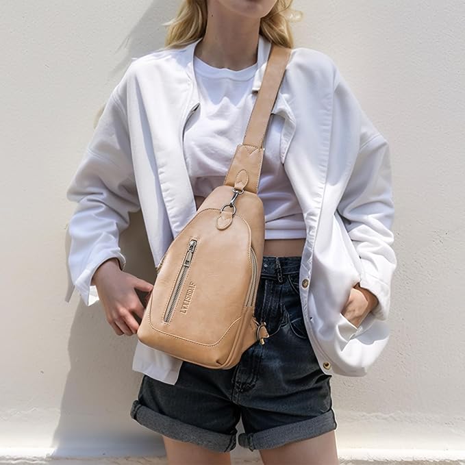 Small Sling Bag for Women - in Vegan Leather Versatile Fanny Pack, Crossbody Bags for Women with Adjustable Guitar Belt Suitable, Khaki