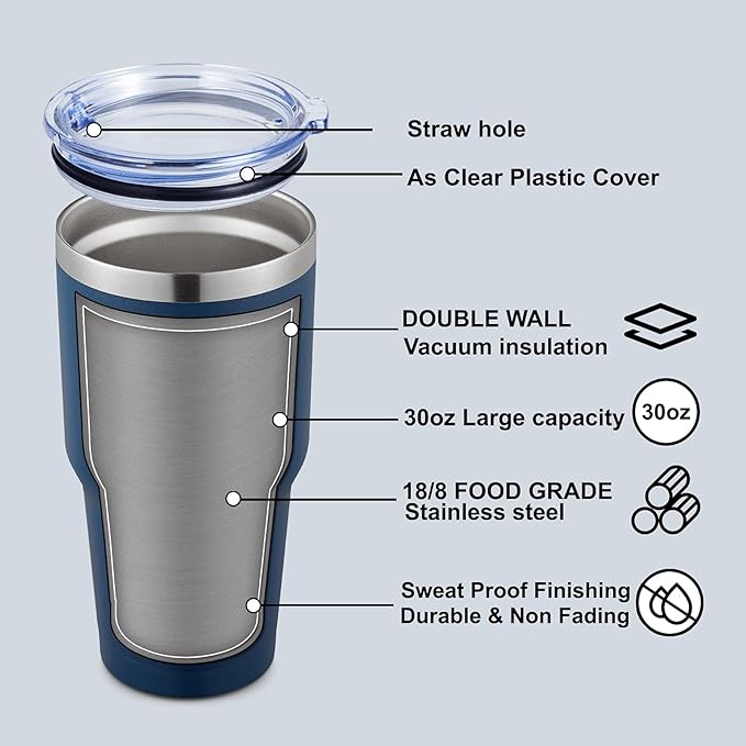 COMOOO 30oz Tumbler Stainless Steel Insulated Tumbler with Lid Double Wall Vacuum Coffee Cup Large Travel Mug for Home, Office, School,Party (Navy, 8 Pack)