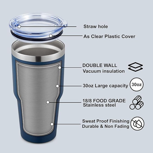 COMOOO 30oz Tumbler Stainless Steel Insulated Tumbler with Lid Double Wall Vacuum Coffee Cup Large Travel Mug for Home, Office, School,Party (Navy, 8 Pack)