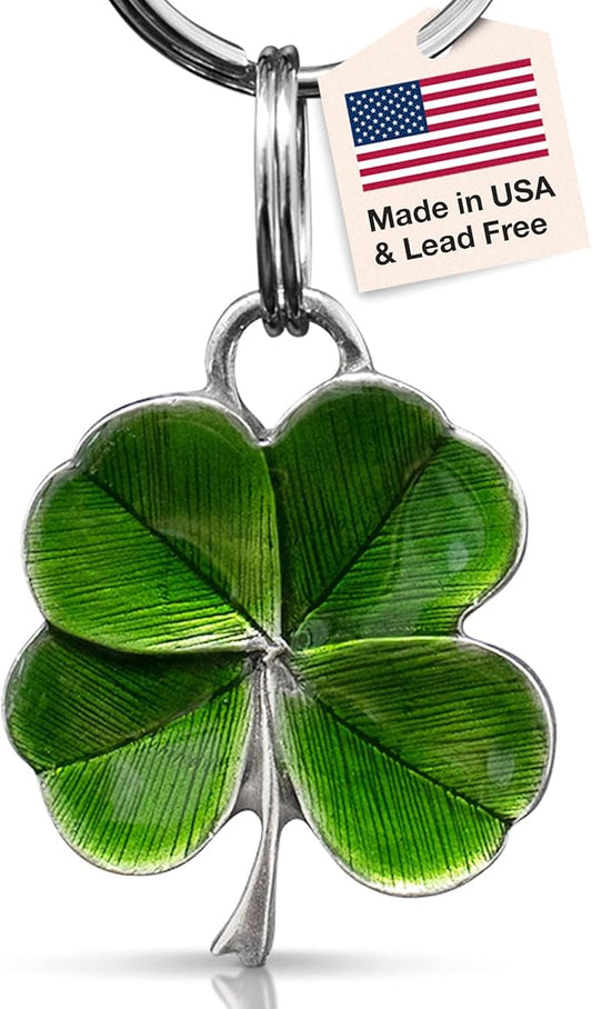 DANFORTH Four Leaf Clover Keychain (Green) | Pewter | Durable, Handcrafted Pewter Lucky Charm | St. Patricks Day Accessories | 1 ½” Tall x 1 ¼” Wide | Made in the USA