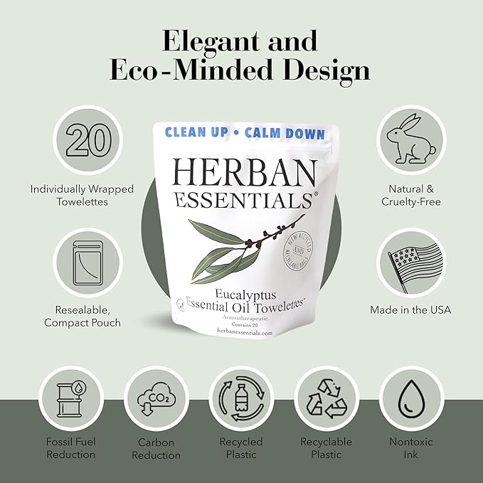 Herban Essentials - Eucalyptus Wipes & Towelettes - Essential Oil Wipes for Hands & Body - Travel Size Essentials and Toiletries - Natural, Individually Wrapped, Disposable & Moist Refresh (20 count)