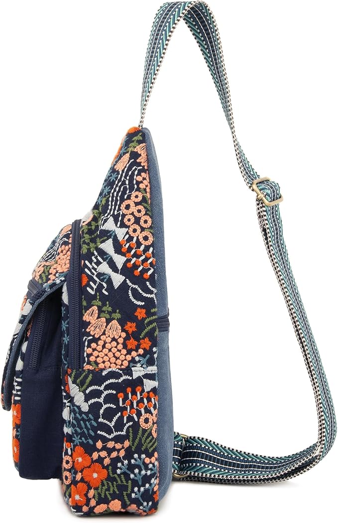 SILKAREA Vintage Embroidered Floral Ethnic Backpack for Women Handbag Shoulder Bag Mini Travel Purse (Flower Sea Blue)