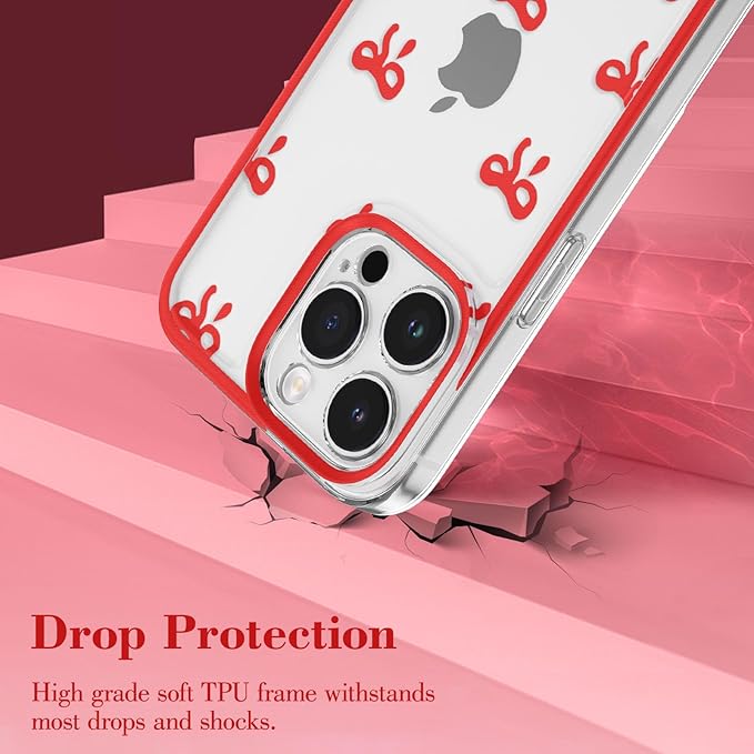 EYZUTAK Case for iPhone 15 Pro, Clear Cute Ribbon Bowknot Pattern Aesthetic Transparent Phone Case Raised Camera Protection Stylish Slim Soft Durable TPU Protective Cover for Women Girls - Red