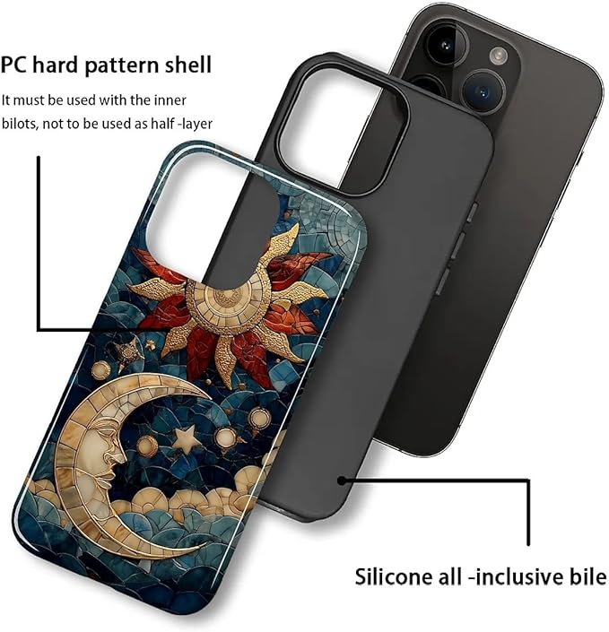 Case for iPhone 12 12 Pro Case,Sun Moon Stars Faux Stained Glass Design Hybrid Dual Protection Silicone + Hard PC Shockproof Full Body Cover,Slim Anti-Scratch Protective for Men Women